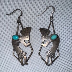 Vintage Native American Signed Sterling Silver & Turquoise Kokopelli Earrings